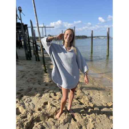 Poncho adulte gris perle en quadruple gaze de coton